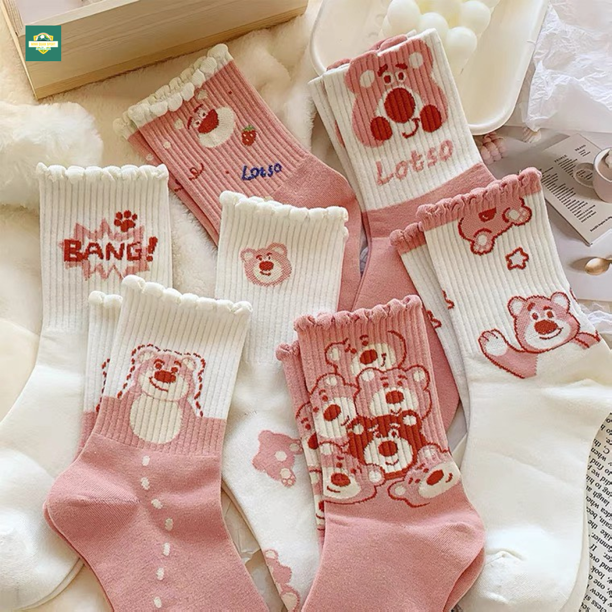Tất gấu dâu sét 10 đôi tất gấu dâu cổ cao hàng đẹp nhiều hình rễ thương giãn 4 chiều, vớ nữ phong cách Vintage