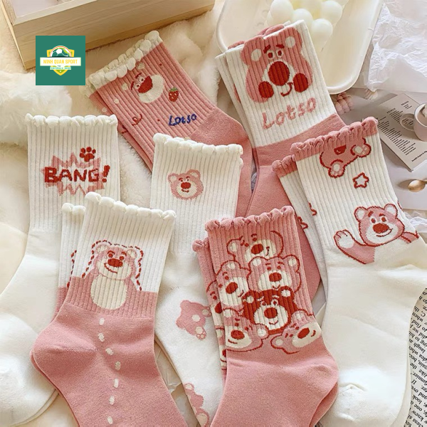 Tất gấu dâu sét 10 đôi tất gấu dâu cổ cao hàng đẹp nhiều hình rễ thương giãn 4 chiều, vớ nữ phong cách Vintage
