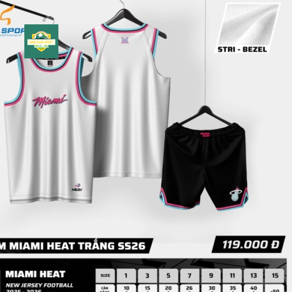 Bộ Quần Áo Bóng Rổ Strivend Trẻ Em Miami Heat Trắng